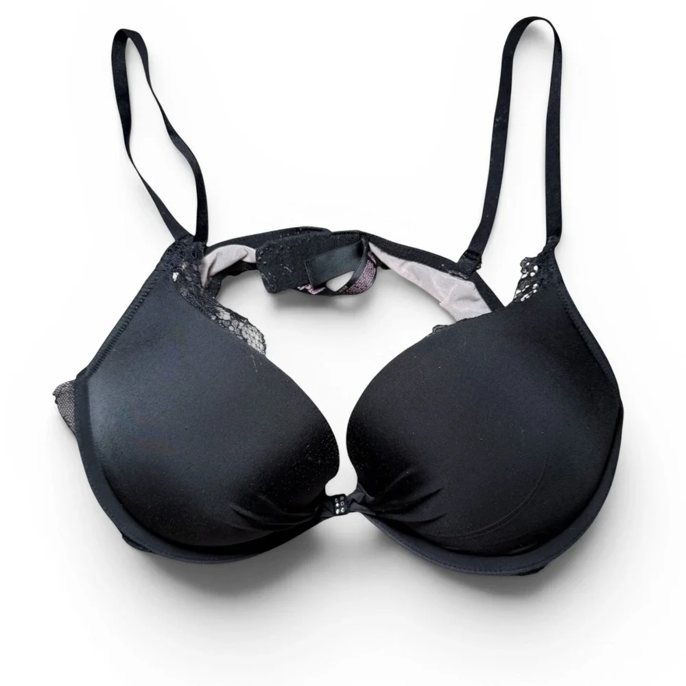 Victoria's‎ Secret Black Lace Push-Up Bra 34B Rhinestone Strap Padded Underwire